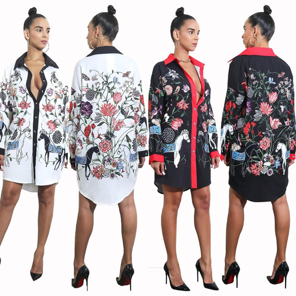 2017 winter hot new fashion sexy black and white 2 color printed shirt dress