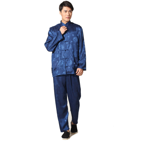 Vintage Dragon Satin Chinese Style Kung Fu Suit Men's Long Sleeve Tai Chi Uniform Navy Blue Set S M L XL XXL XXXL M0050-2