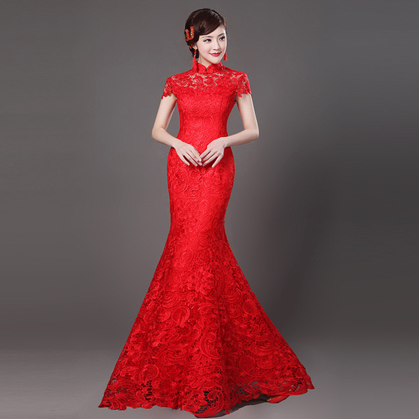 Mandarin Collar Sexy Lace Flower Lady Cheongsam NEW Red Chinese Wedding Party Bride Qipao Full Length Elegant Mermaid Dress