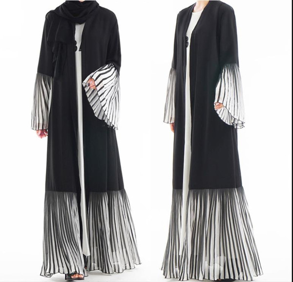 Muslim adult striped ruffules cardigan abaya Arab muslim abaya Dress Musical Robe prayer flare sleeve dress islamic kimono dropship