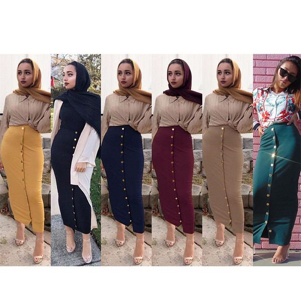 Fashion Muslim Pencil Skirt Women Sexy Long Solid Color Bottoms Package Skirts Buttons Decorated Elastic Slim Black Navy Yellow Hip Dress