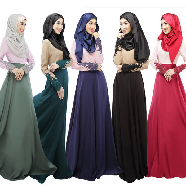 New Fashion Women Muslim Caftan Abaya Spliced Dress Lace Smooth Turkey Casual Dresses Traditional Clothing Hui Nationality Worship Service