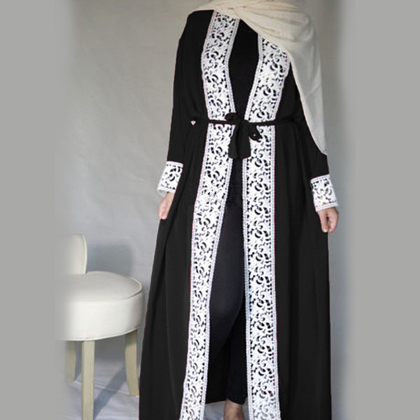 Malaysia Open Abaya Turkish Robe Islamic Clothing Women Lace Spliced Stitching Lace Fashion Muslim Long-sleeved Loose Large Swing Dress