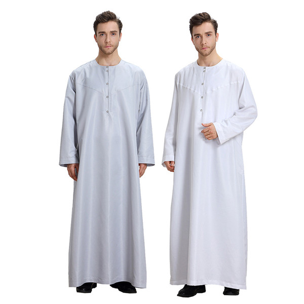 Young Man Thobe Long Sleeve Islamic Clothing Mens Solid Color Long Robes White Grey Loose Plus Size Arab Middle Eastern Dubai Robe