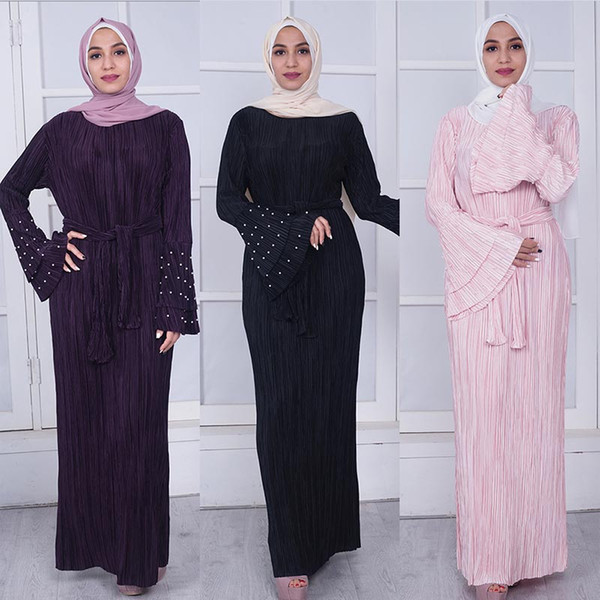 Beading Muslim Dress Wrinkled Tunic Abaya Clothing Women Fashion 3-layer Trumpet Sleeve Abra Dubai Islamic Hijab Dress Kaftan Long Sleeve