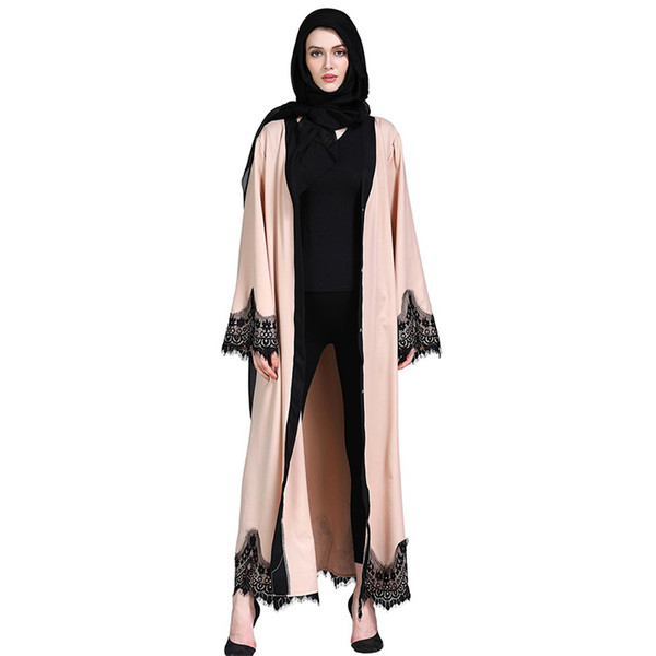 Apricot Muslim Lace Stitching Long Open Dress Abaya Women Islamic Turkish Dubai Lace Robes Long Sleeve Maxi Smooth Silky Kaftan with Belt