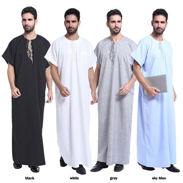 New Fashion Islamic Dress Men Short Sleeve Loose Jubba Thobe Summer Pray Garment Muslim Arab Hui Saudi Middle East Robe National Costume