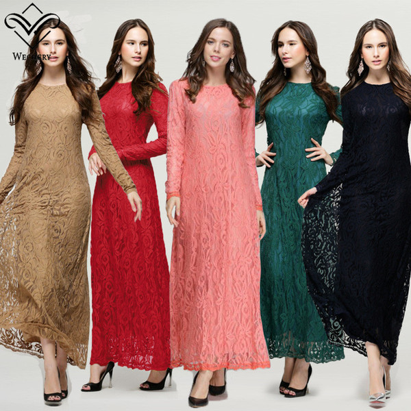 New Fashion Muslim Slimming Charming Long Skirt Full Lace Double Opaque Long Sleeve Black Sexy Women Noble Temperamental Muslim Dress