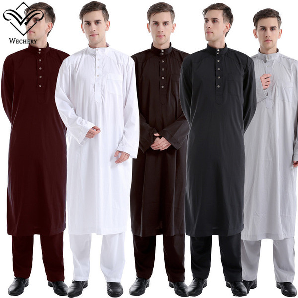 New Fashion Muslim solid color two-piece men's Charming Handsome robes Middle East abaya dubai temperament Slim robe With trousers