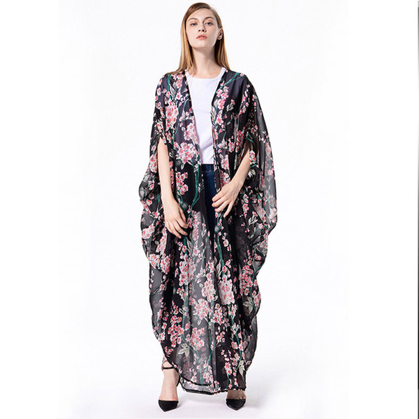 Trend Muslim Dress Loose Bat Sleeve Cardigan Thin Robe Abaya Women Wide Kimono Floral Long Robes Kaftan Dubai Turkey Islamic Dress