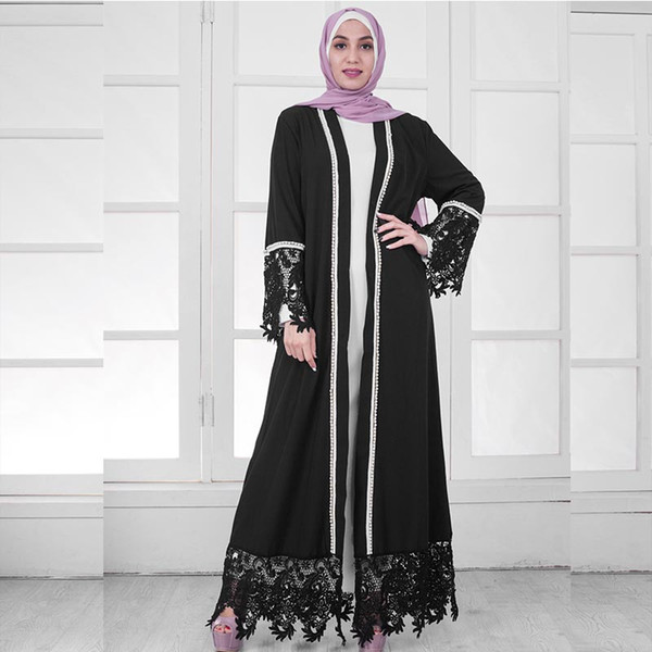 New Fashion Black Lace Pearl Muslim Dubai Cardigan Women's Robe Lace Sleeve Skirt Abaya Kaftan Muslim Dress Turkey Islamic Clothing