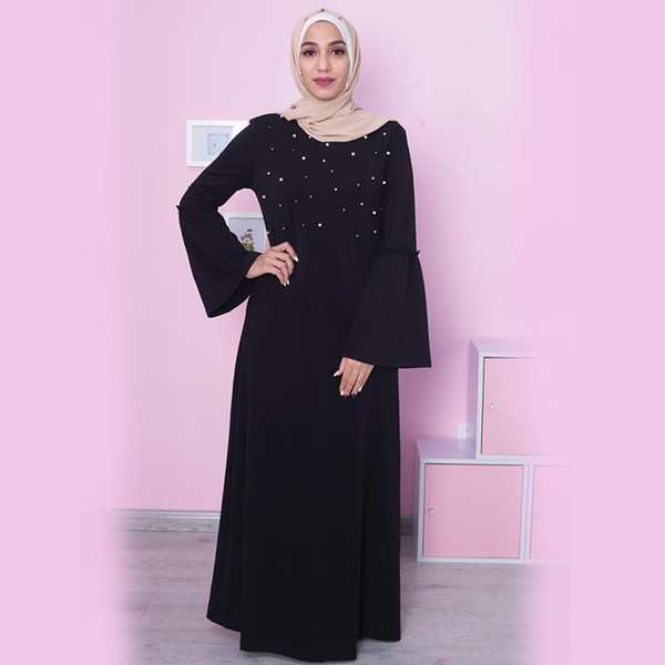 Beads Abaya Muslim Fashion Pearl Trumpet Sleeve Long Slim Dress Middle East Dubai Cardigan Robes Loose Islamic Dress Abayas for Women