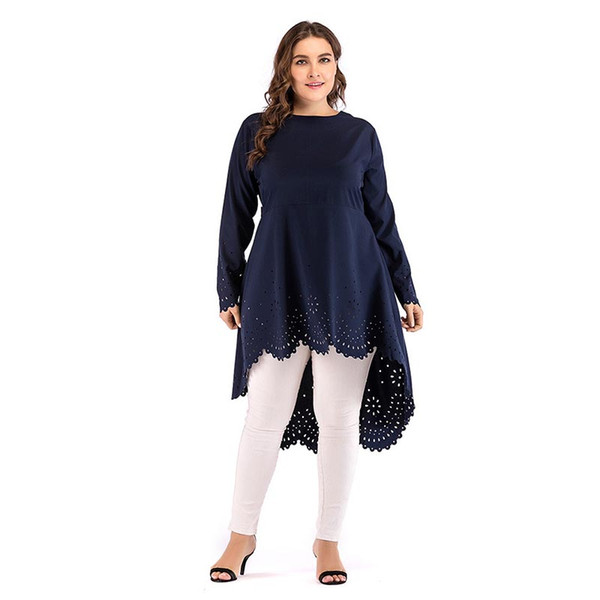 Fashion Muslim Dress Loose Long Sleeve Asymmetric Round Neck Shirt Plus Size Blouse Dresses Navy Lace Abaya Dubai Kaftan Turban XL-5XL