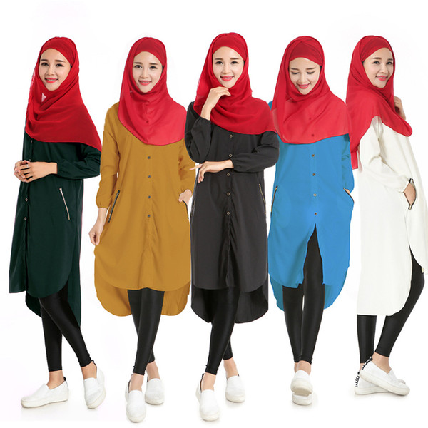 Fashion Muslim Long Shirt Abaya with Pockets Loose Blouse Women Tops Muslim Abaya Kaftan Turban Islamic Clothing Traditional Costume