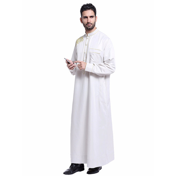 New Fashion Men Muslim Malaysian Jubba Thobe Robe Embroidery Abaya Arab Clothing Islamic Smooth Long Sleeve Hui Nationality Indian Robe