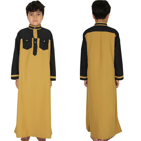 Arab Muslim Children Robes Boy Abaya Dubai Arabic Children's Wear Long Sleeve Button Mixed Colors Round Vertical Collar Islamic Clothing