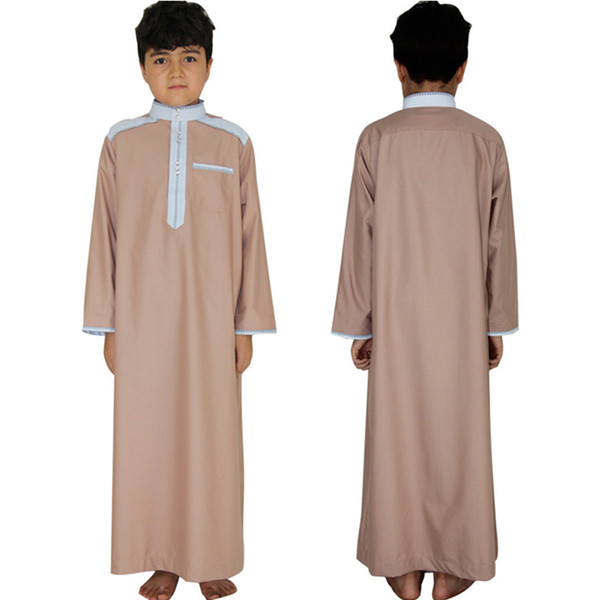 Muslim Children Robes Round Collar Long Sleeve Abaya Kaftan Dubai Arabic Costume Islamic Clothing 8~18 Year Old Boy Traditional Arab Robe