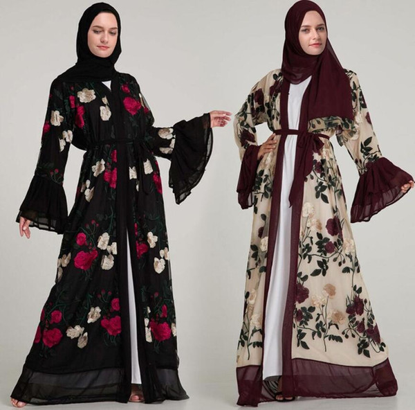 Luxury Muslim Embroidery Floral Abaya Full Dresses Flare Sleeve Cardigan Kimono Long Robe Tunic Middle East Ramadan Arab Islamic