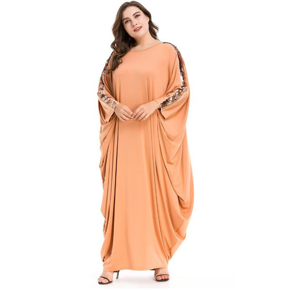 Autumn Women Abaya Elegant Sequins Dress Muslim Dubai Patchwork Bat Maxi Long Plain Dress Big Size Ramadan Clothing