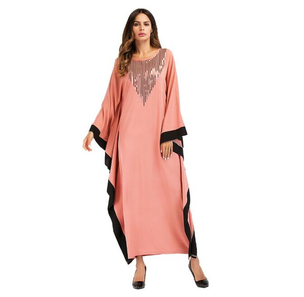 Dubai Dress Muslims Stitching Color Bat Sleeve Robe Large Size Women Dress Musulman Gowns Vestidos Mujer Vestidos