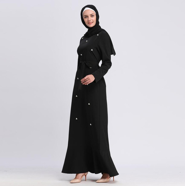 Fashion Elegant Muslim Pearls Abaya Ruffles Maxi Dress Cardigan Long Robes Tunic Kimono Ramadan Islamic Prayer Clothing