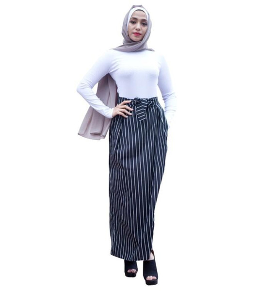 Muslim Fashion Striped Islamic Women Skirt Elegant Long Bandage Dubai Clothing Casual Ankle-Length Pack Hips Middle East Bottoms