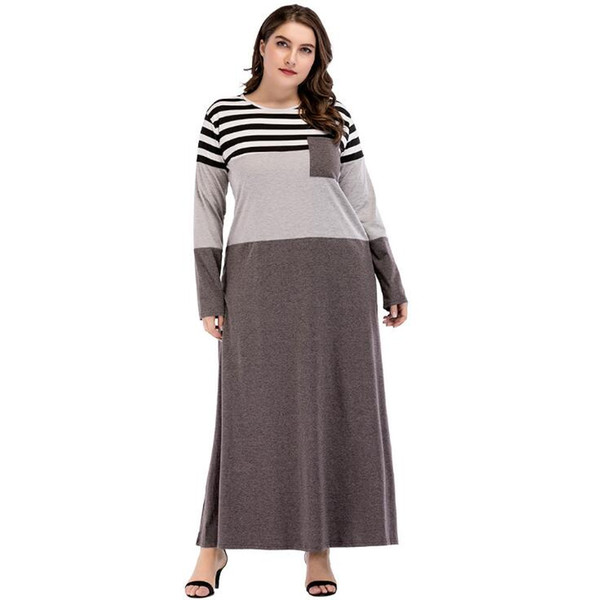 Muslim Abaya Pocket Patch Stripes Color Block Maxi Dresses Female Spring 2018 Long Sleeve T shirt Dress Women Home Wear Dress