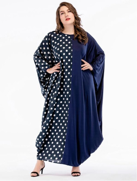 New Muslim Women Fashion Bat Sleeve Loose Dot Patchwork Dress Big Size Middle East Muslin Robes Abaya Musulman Hijabs