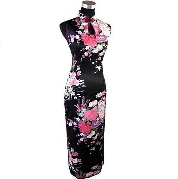 Black Print Flower Sleeveless Chinese Dress Silk Rayon Long Qipao Sexy Dripping Cheongsam Summer Clothing S M L XL XXL WC040