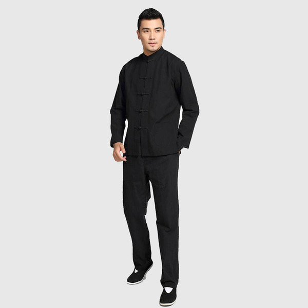 Plus Size Chinese Men's Solid Kung Fu Suit 100% Cotton Loose Wu Shu Tai Chi Sets Jacket&Trousers M L XL XXL 3XL 4XL YZT090610