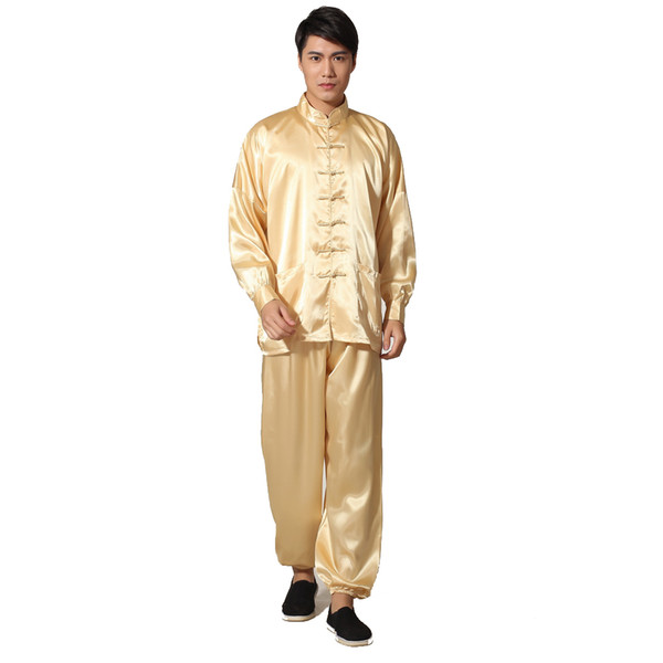 Gold Chinese Men's Silk Rayon Leisure Suit Vintage Kung Fu Tai Chi Sets Uniform Clothing Size S M L XL XXL M048-3