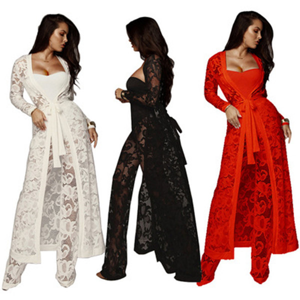 2018 women's new fashion atmosphere sexy autumn lace wide leg pants three-piece casual suit