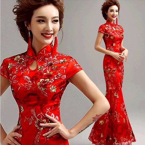 Modern Chinese Traditional Dress Qipao Red Lace ride Vintage Cheongsam Wedding Qi Pao Long Oriental Style Dresses Free Shipping