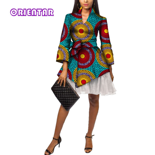 Fashion African Dresses Women African Wax Print Bazin Riche Long Sleeve Office Short Dress with Yarn Traditional Clothing WY3525
