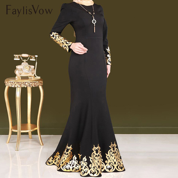 Style Muslim Women Dress Gold Stamping Printing Long Sleeve Dubai Abaya Dresses Kaftan Black Robe Islamic Muslim Clothing