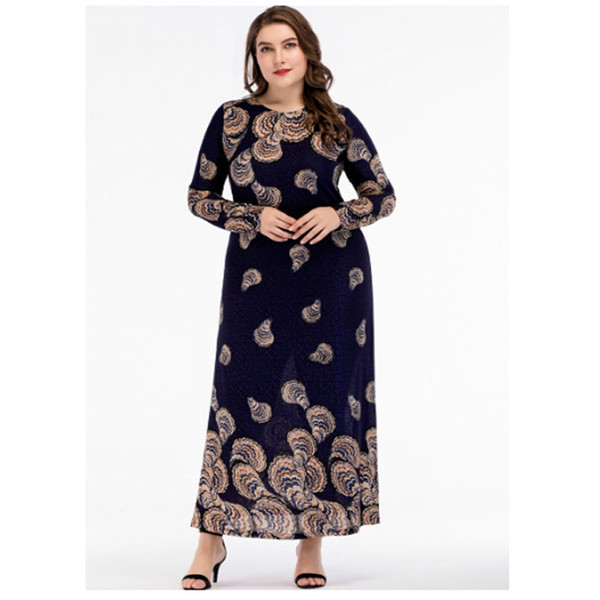 Woman Pattern Printed Long Sleeve Plus Size Muslim Dress Middle East Dresses Islamic Garment Islamic Spring Maxi Dress