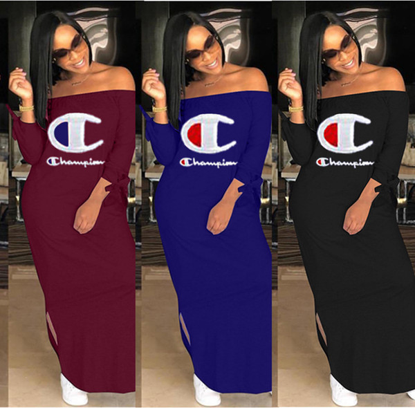 Champions women casual dresses sexy sell well split maxi dresses print slash Neck off shoulder long sleeve summer clothing Plus size 239