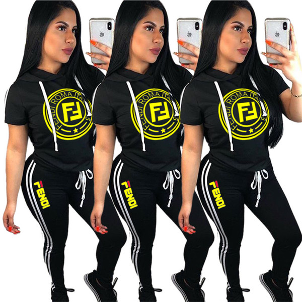 Women 2 piece set tracksuit sportswear gym Pullover Hooded short sleeve t-shirt striped leggings bodycon pants summer clothing Plus Size 201