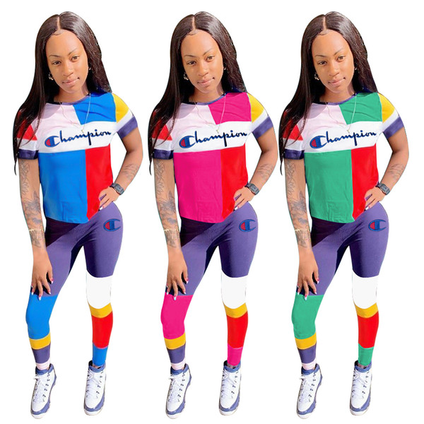 Champions women t-shirt leggings tracksuit short sleeve shirt pants 2 piece set outfits pullover tights sportswear sweatsuit jogger suit 011