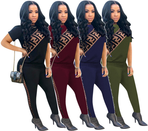 Women's 2 piece sports set sweatsuit sportswear Pullover Print Letter Pullover Crew Neck t-shirt bodycon leggings pants summer clothing 182