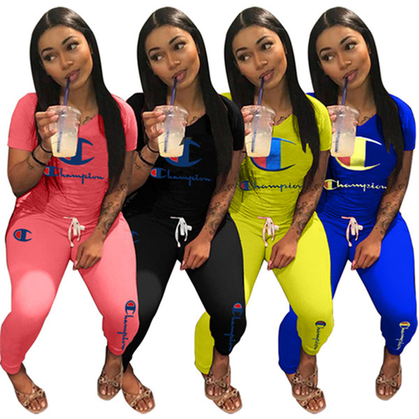 Champions women t-shirt leggings tracksuit short sleeve shirt pants 2 piece set outfits pullover tights sportswear sweatsuit jogger suit 019