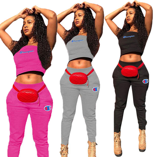 Champions women 2 piece set sportswear sweatsuit jogging crop top vest t-shirt bodycon legings pants pocket summer clothing embroidery 245