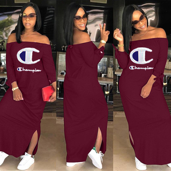 Champions Women maxi dress long sleeve off shoulder skirts split sexy loose spring summer clothes casual dresses plus size S-2XL