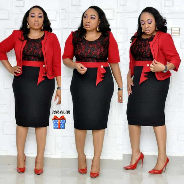 African Clothes Lace Patchwork Two Piece Set Women 2019 Elegant Blazer&Lace Pencil Dress High Quality Office Lady Plus Size