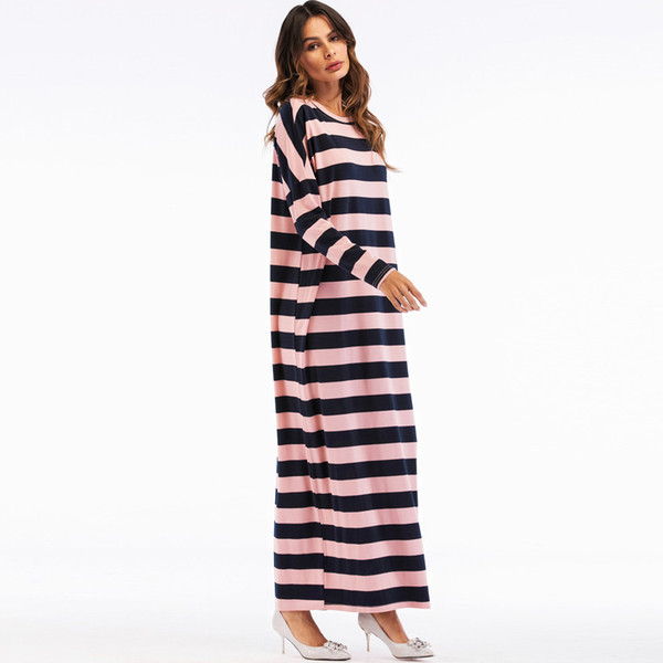 2019 Muslim Clothes L- 2XL Women Muslim Striped Loose Long Sleeve Arab Dress Islam Jilbab Pretty Dress Lover Gift Drop #0426