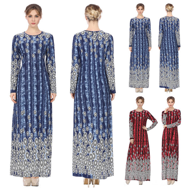 Women Muslim Arab Middle East Ethnic Print Long Sleeve Dress abaya dubai caftan marocain Dresses islamic clothing Kaftan Robe