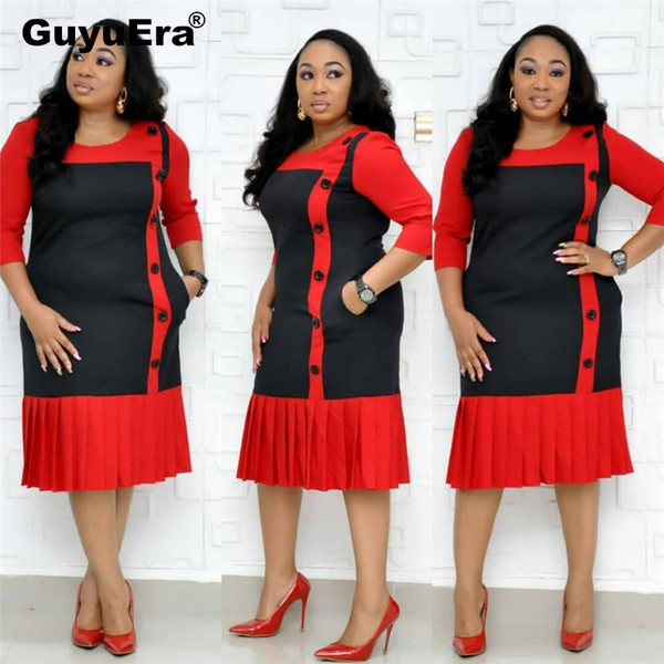 GuyuEra 2019 New African Women's Dress Round Neck Medium Sleeve Print Pleated A-line Dress