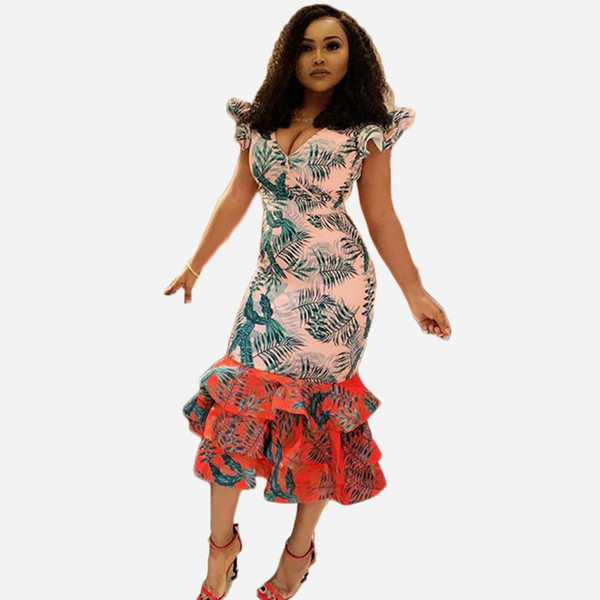 2019 summer new style, fashionable African style, digital printing, v-neck, flounce skirt, dress