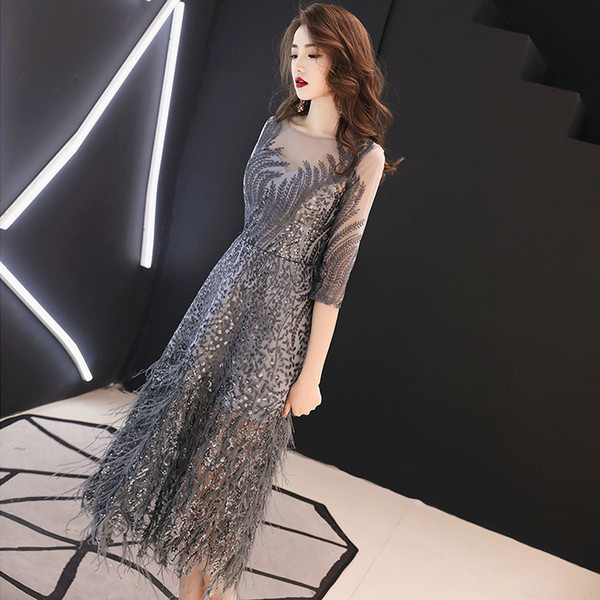 Gray Elegant Sexy Chinese Sequins Female Cheongsam Dress Vestidos Chinos Oriental Wedding Gowns Party Dresses Size XS-XXL