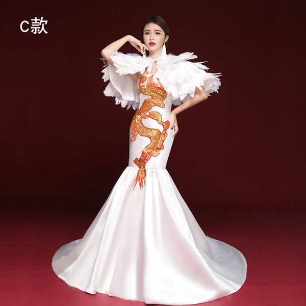 Fashion White Embroidery Cheongsam Modern Stage Show Long Dresses Qi Pao Women Chinese Evening Dress Elegant Mermaid Gown Qipao